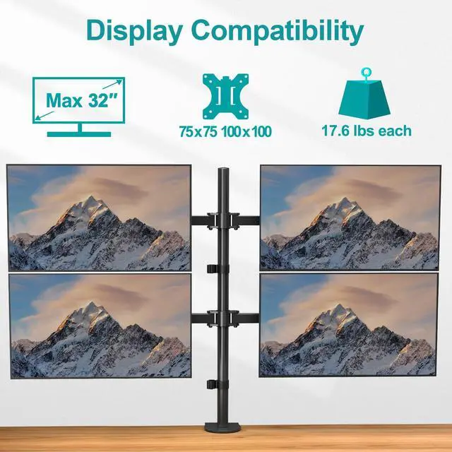 Alt view image 4 of 7 - Quad Monitor Stand, 4 Monitor Mount for 13 to 32 inch Computer Screens, Hold up to 17.6lbs Each, Fully Adjustable Stacked 4 Desk Arm, VESA Mount, C clamp/Grommet Base