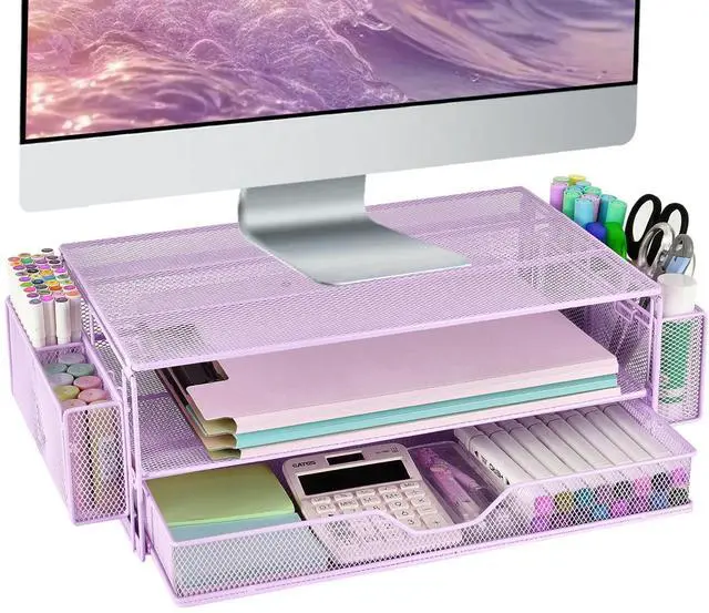 Main image of Computer Monitor Stands Riser2-Tier Desk Organizers and Accessories, Office Desk Accessories Organizer with Drawers and 2 Pen Holder for Office Supplies (Purple)