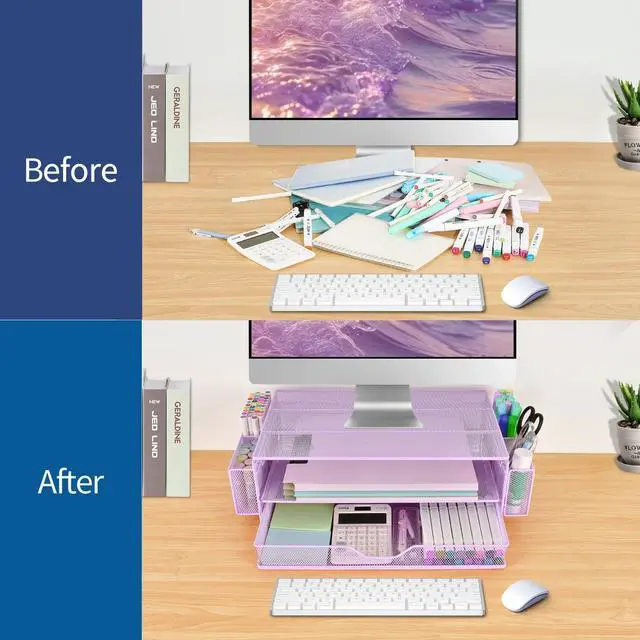 Alt view image 3 of 7 - Computer Monitor Stands Riser2-Tier Desk Organizers and Accessories, Office Desk Accessories Organizer with Drawers and 2 Pen Holder for Office Supplies (Purple)