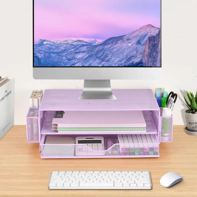 Alt view image 5 of 7 - Computer Monitor Stands Riser2-Tier Desk Organizers and Accessories, Office Desk Accessories Organizer with Drawers and 2 Pen Holder for Office Supplies (Purple)