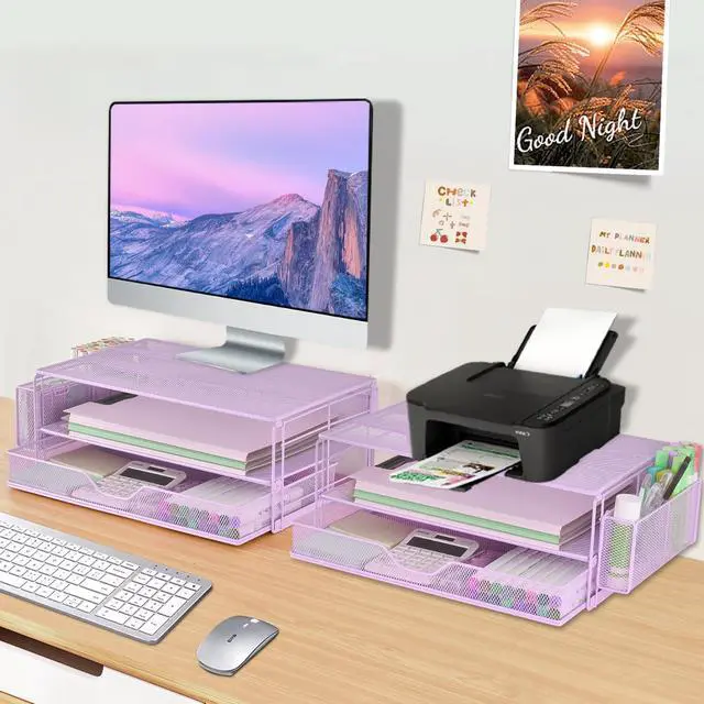 Alt view image 7 of 7 - Computer Monitor Stands Riser2-Tier Desk Organizers and Accessories, Office Desk Accessories Organizer with Drawers and 2 Pen Holder for Office Supplies (Purple)