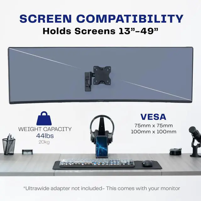 Alt view image 4 of 7 - Full Motion Ultrawide Monitor Wall Mount, Fits Ultra-Wide Screens up to 49 inches and 44 lbs, Tilt and Swivel Arm, Black, MOUNT-VW01M