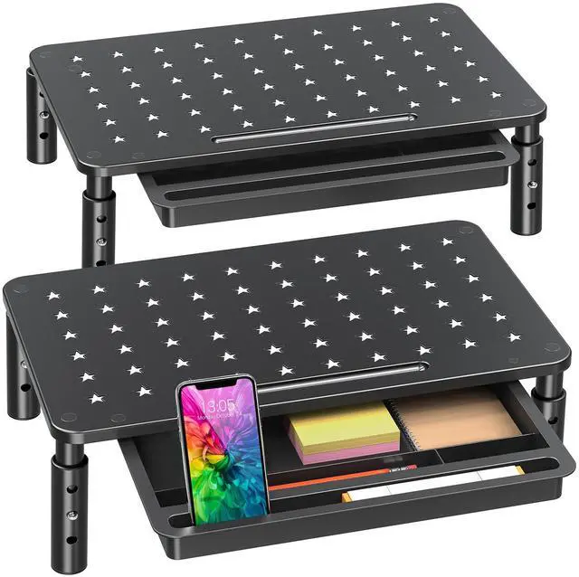 Main image of 2 Pack Monitor Stand Riser with Drawer - 3 Height Adjustable Metal Monitor Stand with Unique Star Mesh for Computer Laptop Notebook Printer