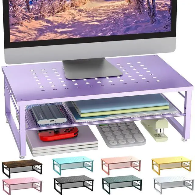 Main image of 2-Tier Metal Monitor Stand Riser, Office Desk Storage Organizer for Computer Monitor, Laptop, Printer, Office Supplies (Purple)