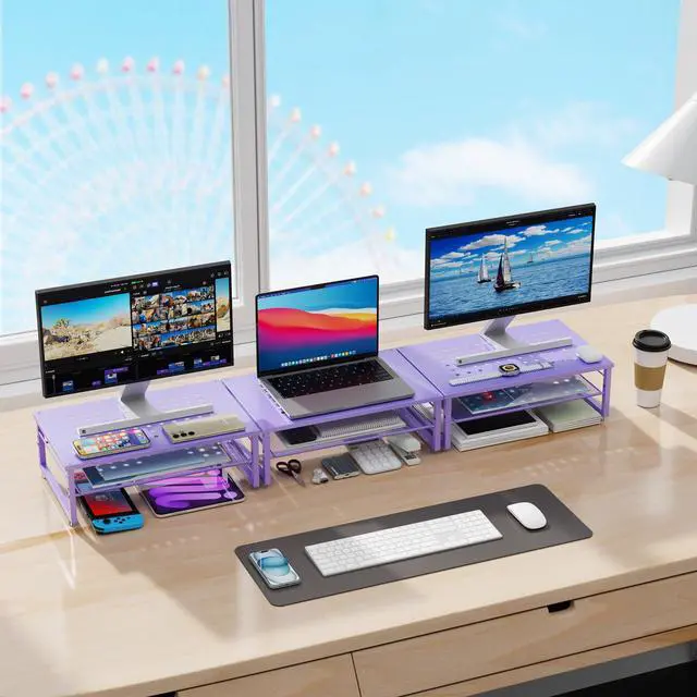 Alt view image 6 of 7 - 2-Tier Metal Monitor Stand Riser, Office Desk Storage Organizer for Computer Monitor, Laptop, Printer, Office Supplies (Purple)