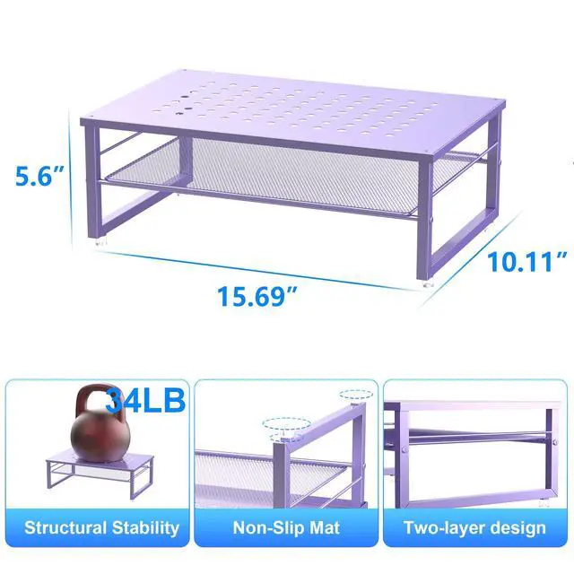 Alt view image 5 of 7 - 2-Tier Metal Monitor Stand Riser, Office Desk Storage Organizer for Computer Monitor, Laptop, Printer, Office Supplies (Purple)