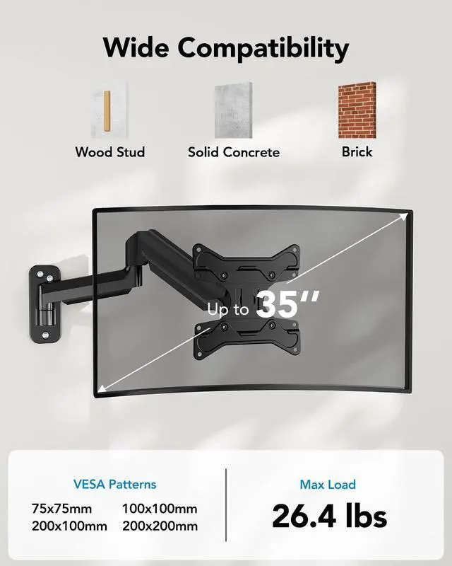 Alt view image 2 of 7 - Computer Monitor Wall Mount for 22"-35" Screens, Gaming Wall Mount Monitor Arm Holds up to 26.4lbs, Vesa Mount with Tilt, Swivel, Rotation, Supports 75x75mm, 100x100mm, 200x200mm, Black