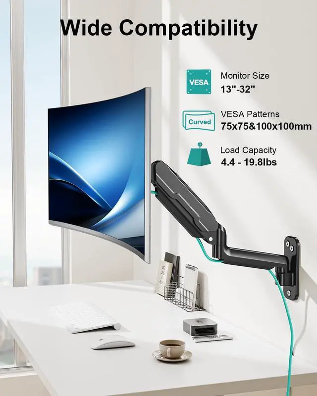 Alt view image 3 of 7 - Single Monitor Wall Mount for 13 to 32 Inch Computer Screens, Height Adjustable Wall Mount Monitor Arm Holds Up to 19.8lbs, Full Motion Wall Bracket, VESA Mount 75x75, 100x100, Black