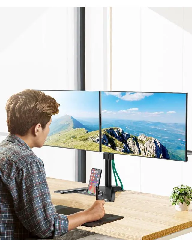 Alt view image 3 of 7 - Dual Monitor Stand, Free-Standing Full Motion Monitor Desk Mount Fits 2 Screens up to 27 inches,17.6lbs with Height Adjustable, Swivel, Tilt, Rotation, VESA 75x75 100x100, Black