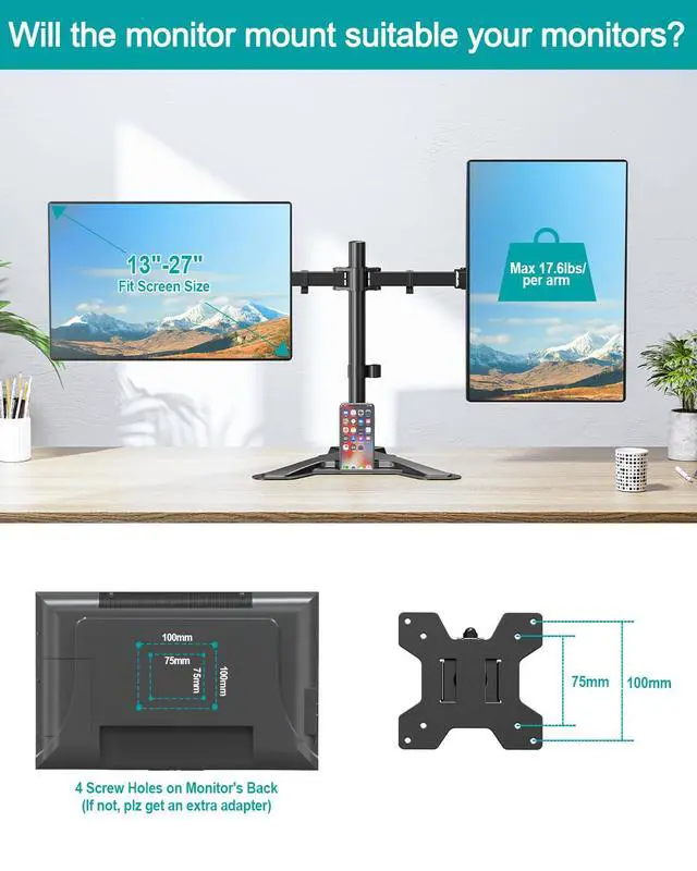 Alt view image 4 of 7 - Dual Monitor Stand, Free-Standing Full Motion Monitor Desk Mount Fits 2 Screens up to 27 inches,17.6lbs with Height Adjustable, Swivel, Tilt, Rotation, VESA 75x75 100x100, Black
