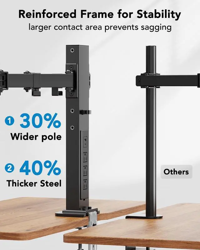 Alt view image 3 of 7 - Dual Monitor Stand with Power Outlet, Full Motion Double Monitor Stand with Adjustable Height, Supports 13-32 Displays up to 22 lbs, USB Ports and Stronger Pole, Desk Clamp and Grommet Mount