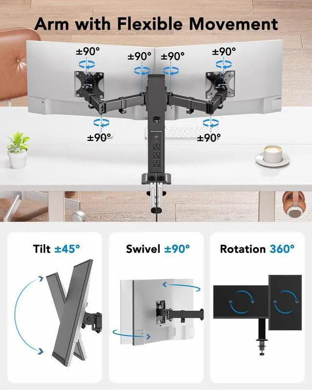 Alt view image 4 of 7 - Dual Monitor Stand with Power Outlet, Full Motion Double Monitor Stand with Adjustable Height, Supports 13-32 Displays up to 22 lbs, USB Ports and Stronger Pole, Desk Clamp and Grommet Mount