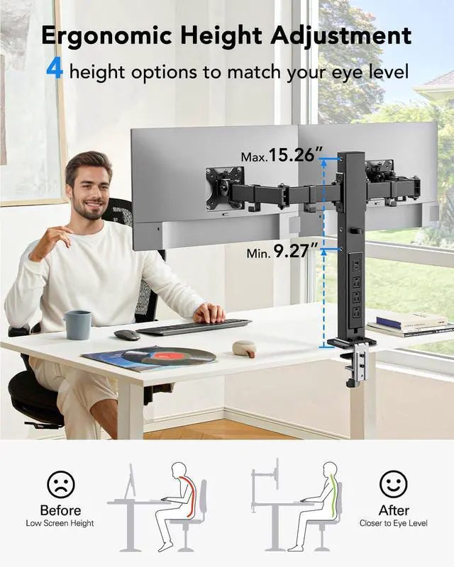 Alt view image 5 of 7 - Dual Monitor Stand with Power Outlet, Full Motion Double Monitor Stand with Adjustable Height, Supports 13-32 Displays up to 22 lbs, USB Ports and Stronger Pole, Desk Clamp and Grommet Mount
