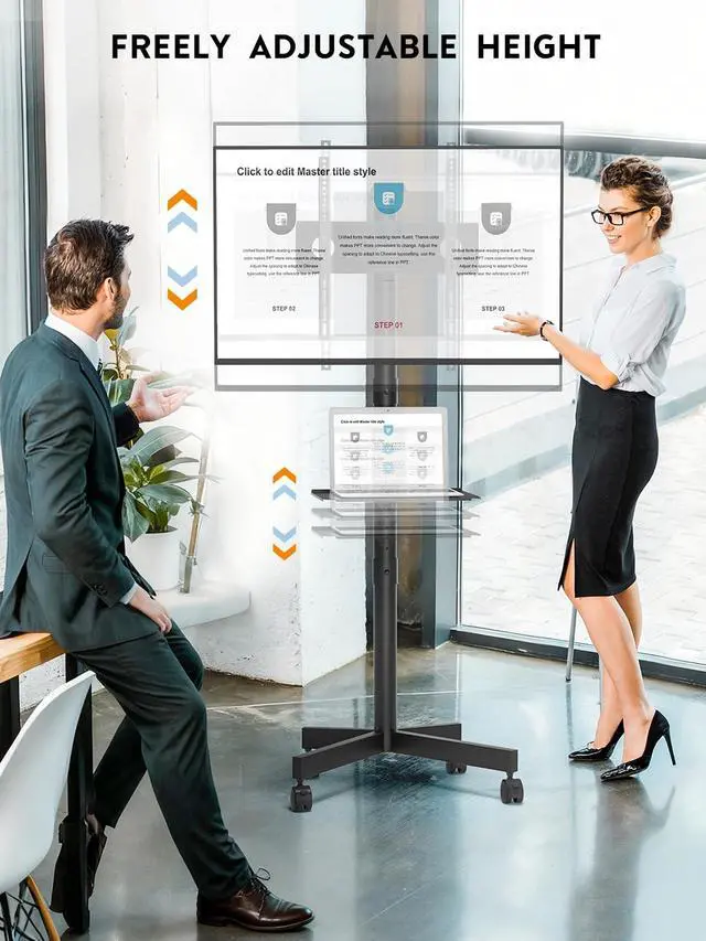 Alt view image 3 of 7 - Mobile TV Stand for 23-60 Inch TVs, Rolling TV Stand with Locking Wheels, Adjustable Height, Media Shelf, Max VESA 400x400mm, Holds Up to 88lbs