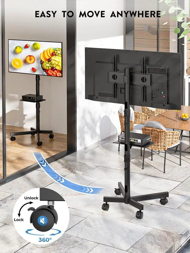 Alt view image 4 of 7 - Mobile TV Stand for 23-60 Inch TVs, Rolling TV Stand with Locking Wheels, Adjustable Height, Media Shelf, Max VESA 400x400mm, Holds Up to 88lbs