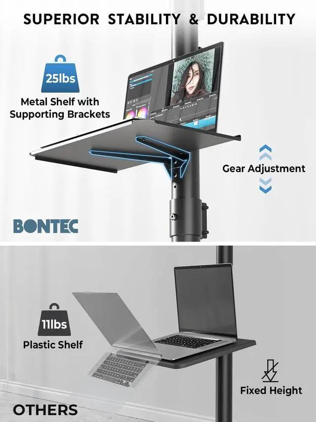 Alt view image 5 of 7 - Mobile TV Stand for 23-60 Inch TVs, Rolling TV Stand with Locking Wheels, Adjustable Height, Media Shelf, Max VESA 400x400mm, Holds Up to 88lbs