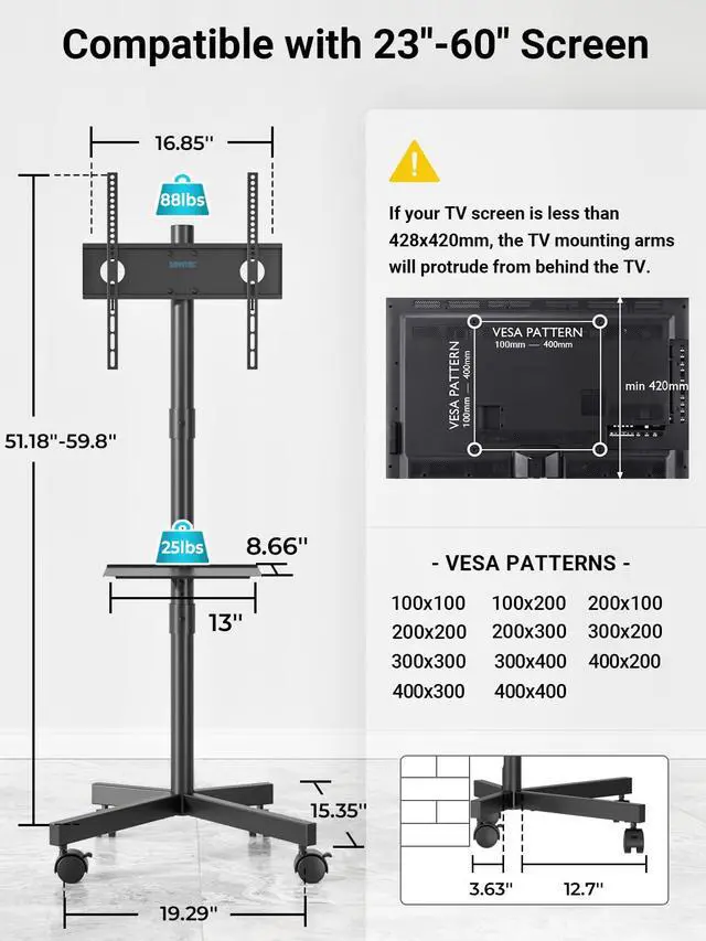 Alt view image 7 of 7 - Mobile TV Stand for 23-60 Inch TVs, Rolling TV Stand with Locking Wheels, Adjustable Height, Media Shelf, Max VESA 400x400mm, Holds Up to 88lbs