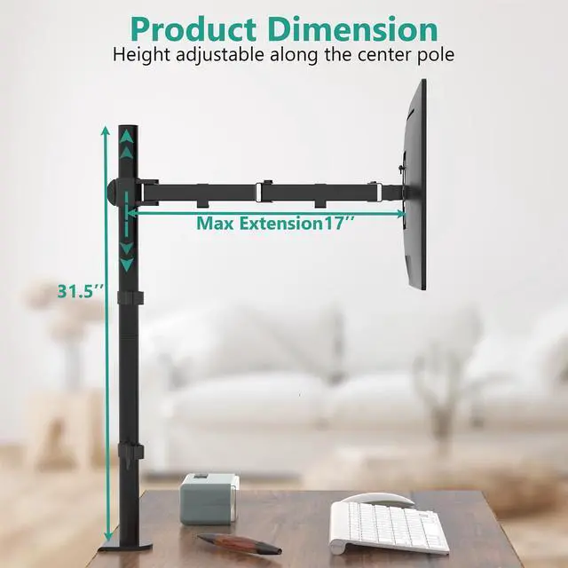 Alt view image 4 of 7 - Monitor Arm Mount for Desk, Single Extra Tall Computer Desk Mount, Monitor Bracket Mount Stand Single, up to 32 inch, 22 lbs (M001XL), Black