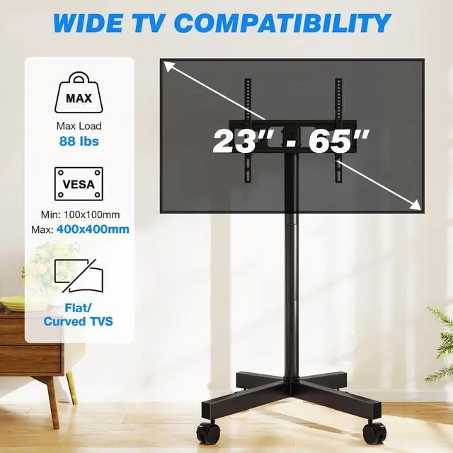 Alt view image 2 of 7 - Mobile TV Cart Rolling TV Stand for 23-65 Inch Screens, Portable TV Stand on Wheels with Tilt and Height Adjustable, Outdoor TV Mount Stand Holds up to 88 lbs for Home Office MAX VESA 400x400mm