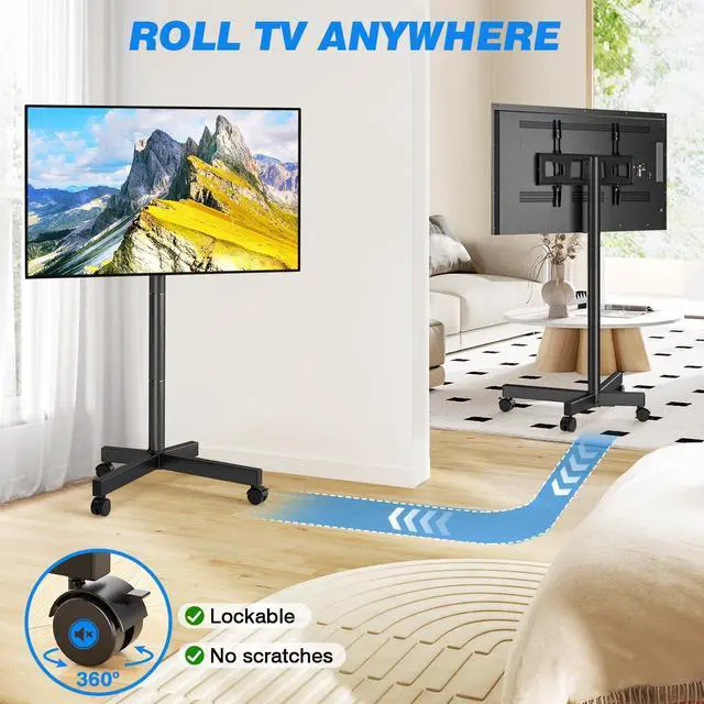 Alt view image 5 of 7 - Mobile TV Cart Rolling TV Stand for 23-65 Inch Screens, Portable TV Stand on Wheels with Tilt and Height Adjustable, Outdoor TV Mount Stand Holds up to 88 lbs for Home Office MAX VESA 400x400mm