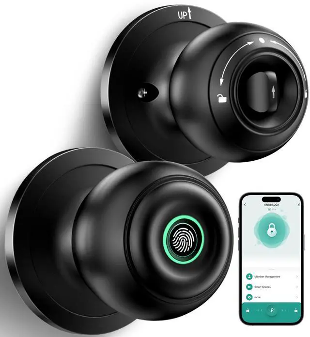 Main image of Fingerprint Door Lock, Smart Fingerprint Door Knob with Lock, Biometric Door knob with App Control & Key, Keyless Thumbprint Entry Door Lock for Bedroom, Front Door, Home, Apartment Office-Matte Black