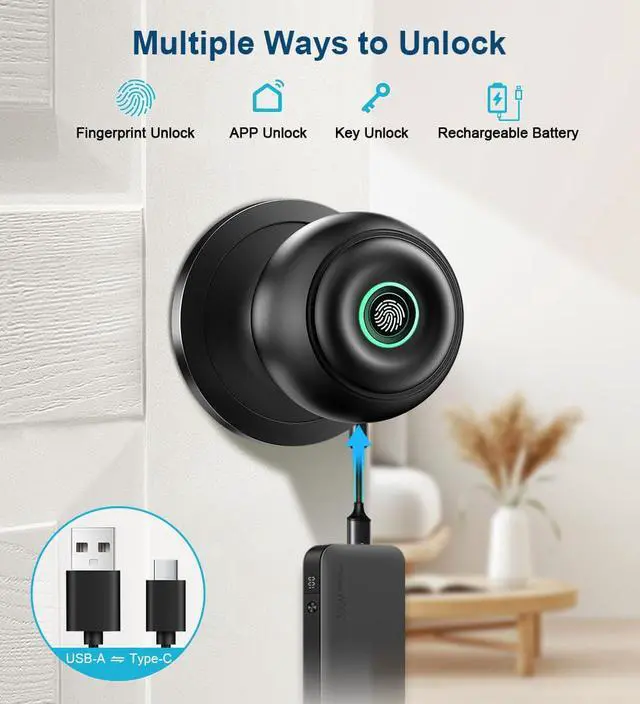 Alt view image 2 of 7 - Fingerprint Door Lock, Smart Fingerprint Door Knob with Lock, Biometric Door knob with App Control & Key, Keyless Thumbprint Entry Door Lock for Bedroom, Front Door, Home, Apartment Office-Matte Black