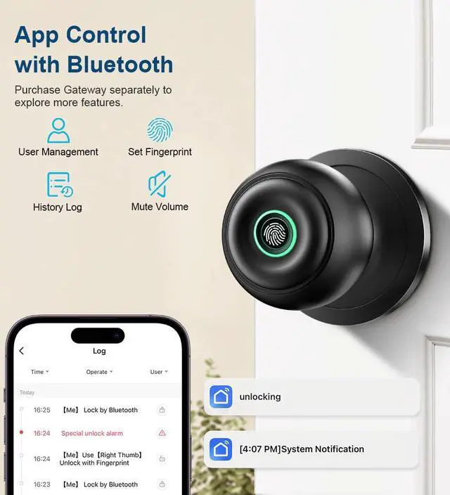 Alt view image 6 of 7 - Fingerprint Door Lock, Smart Fingerprint Door Knob with Lock, Biometric Door knob with App Control & Key, Keyless Thumbprint Entry Door Lock for Bedroom, Front Door, Home, Apartment Office-Matte Black