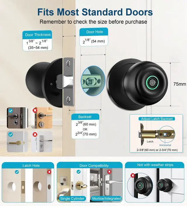 Alt view image 5 of 7 - Fingerprint Door Lock, Smart Fingerprint Door Knob with Lock, Biometric Door knob with App Control & Key, Keyless Thumbprint Entry Door Lock for Bedroom, Front Door, Home, Apartment Office-Matte Black