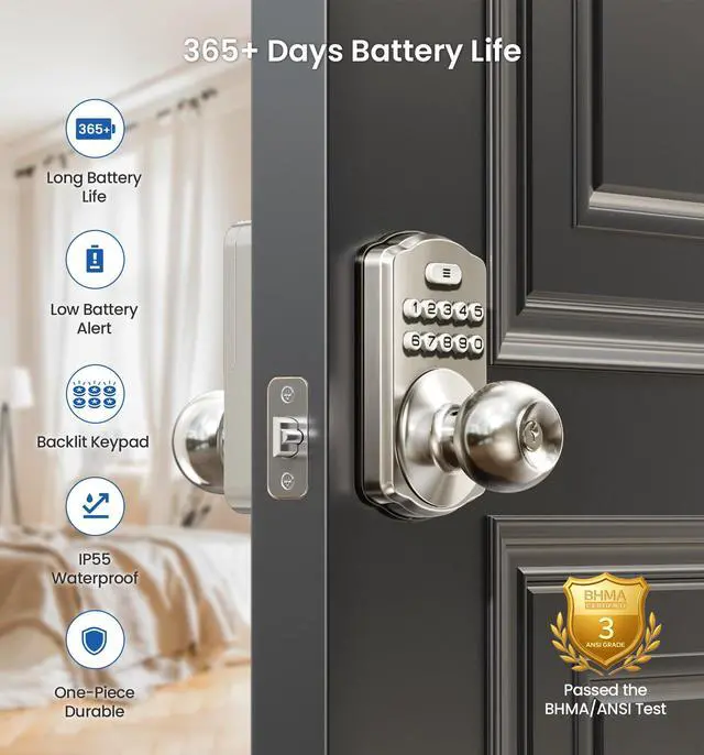 Alt view image 3 of 7 - Keypad Door Knob Lock, Keyless Entry Digital Lock with Handle, Electronic Smart Knob for Front Door & Bedroom, Easy Install, Auto Lock, Passage Mode, Anti-Peeping Password, Satin Nickel