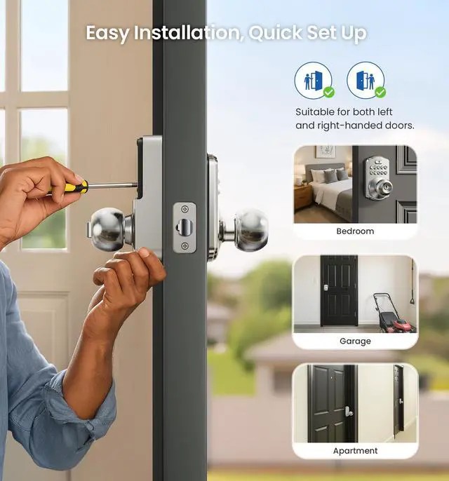 Alt view image 7 of 7 - Keypad Door Knob Lock, Keyless Entry Digital Lock with Handle, Electronic Smart Knob for Front Door & Bedroom, Easy Install, Auto Lock, Passage Mode, Anti-Peeping Password, Satin Nickel