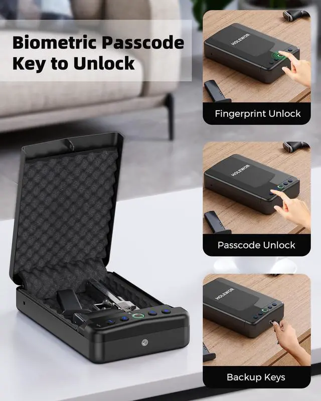 Alt view image 2 of 6 - Car Gun Safe, Small Pistol Safe Biometric Gun Lock Box for Handgun, Portable Fingerprint Quick Access Travel Gun Case for Nightstand Bedside