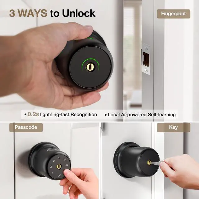 Alt view image 2 of 6 - Fingerprint Door Knob Lock with Keypad Biometric Door Knob Auto-Lock 4* AAA Alkaline Batteries Interior Door Lock for Bedroom, Garage, Office, Pantry Door G1 Black