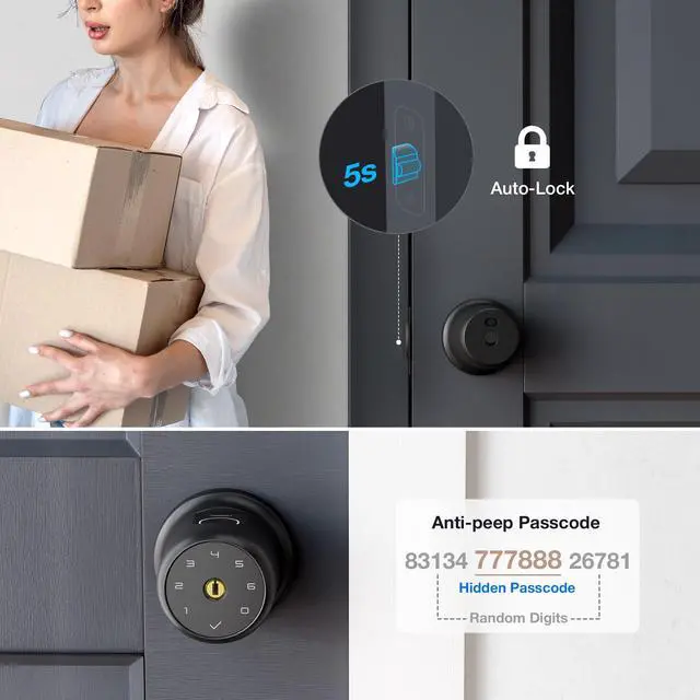 Alt view image 4 of 6 - Fingerprint Door Knob Lock with Keypad Biometric Door Knob Auto-Lock 4* AAA Alkaline Batteries Interior Door Lock for Bedroom, Garage, Office, Pantry Door G1 Black