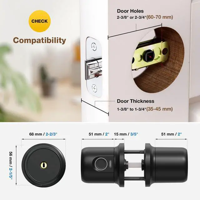 Alt view image 5 of 6 - Fingerprint Door Knob Lock with Keypad Biometric Door Knob Auto-Lock 4* AAA Alkaline Batteries Interior Door Lock for Bedroom, Garage, Office, Pantry Door G1 Black