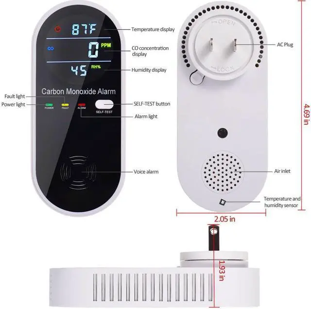 Alt view image 2 of 5 - Carbon Monoxide Detector Plug in Wall, Portable Carbon Monoxide Detector for Travel, 3-in-1 CO Detector for Home and Travel Camping(CO Gas Meter Temperature Humidity Sensor)