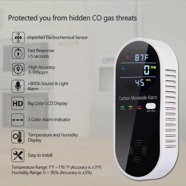 Alt view image 3 of 5 - Carbon Monoxide Detector Plug in Wall, Portable Carbon Monoxide Detector for Travel, 3-in-1 CO Detector for Home and Travel Camping(CO Gas Meter Temperature Humidity Sensor)