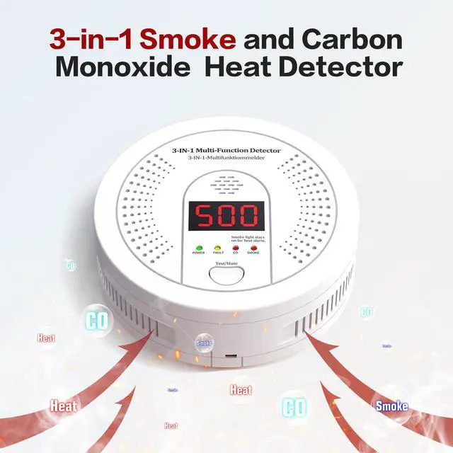 Alt view image 2 of 7 - 3-in-1 Fire Alarms Carbon Monoxide Smoke Detectors 10 Year Battery Powered with Clear LCD Display and Audible Alarm for Home Safety and Protection (Includes Battery)