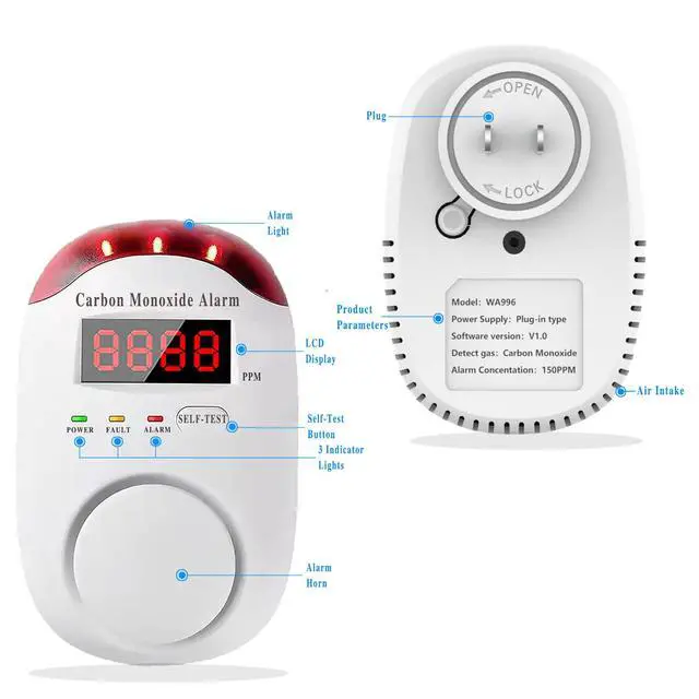 Alt view image 2 of 6 - Carbon Monoxide Detectors Portable Carbon Monoxide Detector for Travel Plug in Wall with LED Digital Display Voice Light Plug and Play