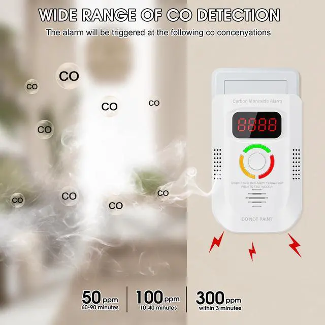 Alt view image 3 of 7 - 2 Pack Carbon Monoxide Detector, Plug-in Wall Carbon Monoxide Gas Detector, Portable Carbon Monoxide Detector with Digital Display LED, CO Alarm Monitor with Audible and Visual Alarm Test Mute Button