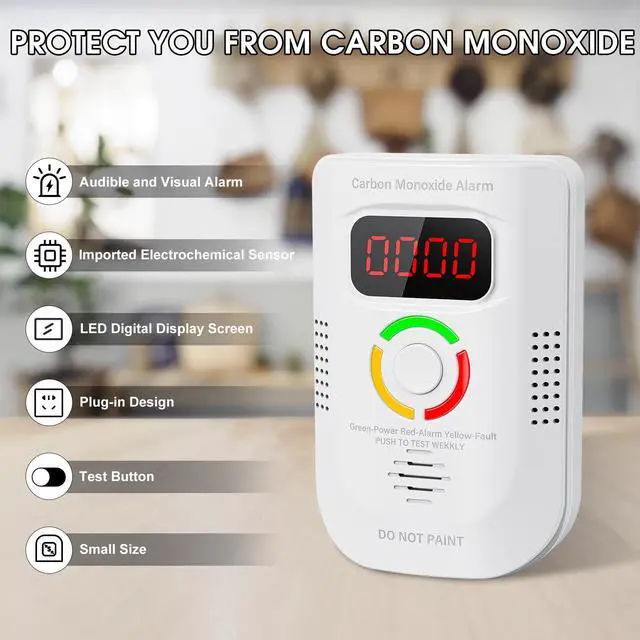 Alt view image 4 of 7 - 2 Pack Carbon Monoxide Detector, Plug-in Wall Carbon Monoxide Gas Detector, Portable Carbon Monoxide Detector with Digital Display LED, CO Alarm Monitor with Audible and Visual Alarm Test Mute Button