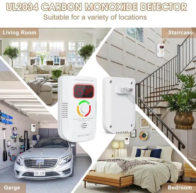 Alt view image 6 of 7 - 2 Pack Carbon Monoxide Detector, Plug-in Wall Carbon Monoxide Gas Detector, Portable Carbon Monoxide Detector with Digital Display LED, CO Alarm Monitor with Audible and Visual Alarm Test Mute Button