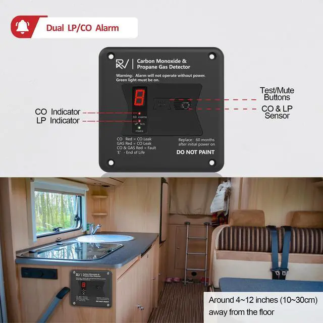 Alt view image 2 of 6 - RV Carbon Monoxide and Propane Detector, Replace The Old RV Gas Detector #31011,2 in 1 Dual CO/LP Gas Alarm,100dB Loud Alarm,12V DC for Motorhome Travel Trailer, Motor Coach (R503 Flush Mount-Black)