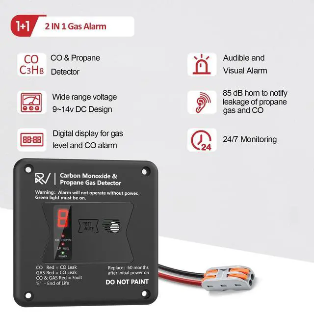 Alt view image 4 of 6 - RV Carbon Monoxide and Propane Detector, Replace The Old RV Gas Detector #31011,2 in 1 Dual CO/LP Gas Alarm,100dB Loud Alarm,12V DC for Motorhome Travel Trailer, Motor Coach (R503 Flush Mount-Black)