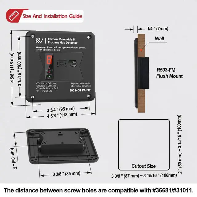 Alt view image 5 of 6 - RV Carbon Monoxide and Propane Detector, Replace The Old RV Gas Detector #31011,2 in 1 Dual CO/LP Gas Alarm,100dB Loud Alarm,12V DC for Motorhome Travel Trailer, Motor Coach (R503 Flush Mount-Black)