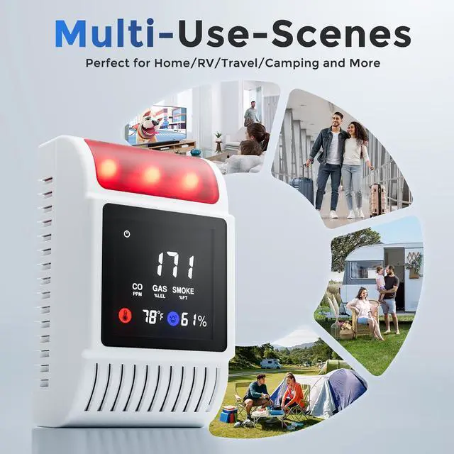 Alt view image 7 of 7 - 6 in 1 Carbon Monoxide Detectors & Smoke Detector, Natural Gas & Carbon Monoxide Detector Plug in with Battery Backup, Fire & Smoke Alarm with Adjustable Sound Light Alarm Functions for Home/RV