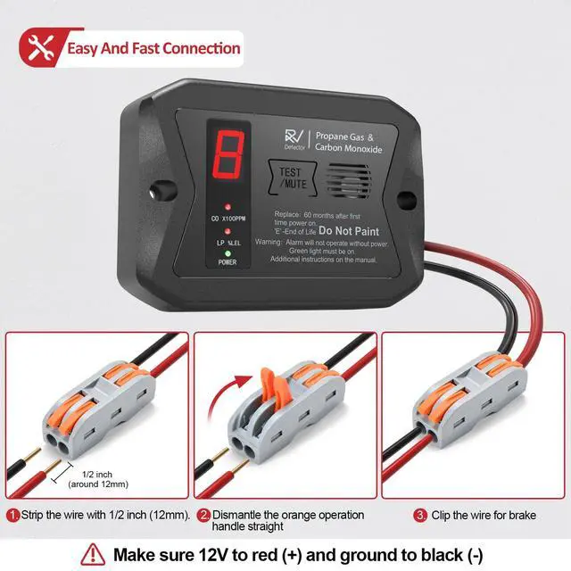 Alt view image 6 of 7 - RV Dual LP/CO Alarm, RV Carbon Monoxide & Propane Detector, Hardwired-12V DC with 3 Different Brackets for Motorhome Travel Trailer, Motor Coach, Truck Camper (R502 Black)