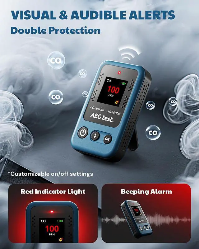 Alt view image 5 of 7 - AGT-2309 Portable Carbon Monoxide Detector, 15-Day Standby, Rechargeable Mini CO Monitor with Lanyard for Travel & Camping, Handheld CO Meter with Audible & Visual Alerts, 0-1000ppm - Blue