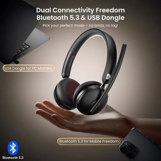 Alt view image 2 of 7 - Wireless Headset with Mic for Work, Bluetooth 5.3 Headset with Noise Cancelling, Wireless Headphones with Mic & USB Dongle, 65H & Mute, Ideal for PC/Call Center/Computer/Laptop/Study