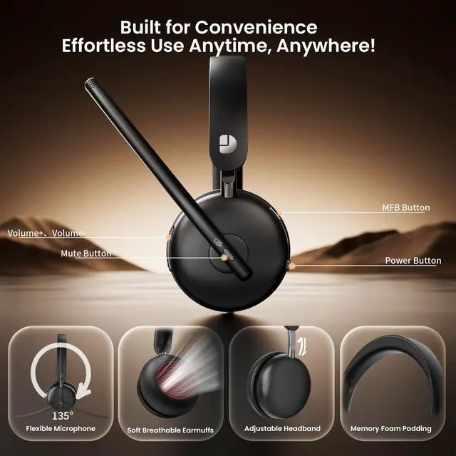 Alt view image 6 of 7 - Wireless Headset with Mic for Work, Bluetooth 5.3 Headset with Noise Cancelling, Wireless Headphones with Mic & USB Dongle, 65H & Mute, Ideal for PC/Call Center/Computer/Laptop/Study