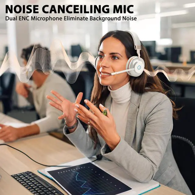 Alt view image 2 of 7 - Wireless Headset with Mic for Work, 45Hrs Bluetooth Headset with Microphone Noise Canceling & Charging Base, WirelessHeadphones with Mic Mute & USB Dongle for PC/Laptop/Office/Work/Call Center/Teams